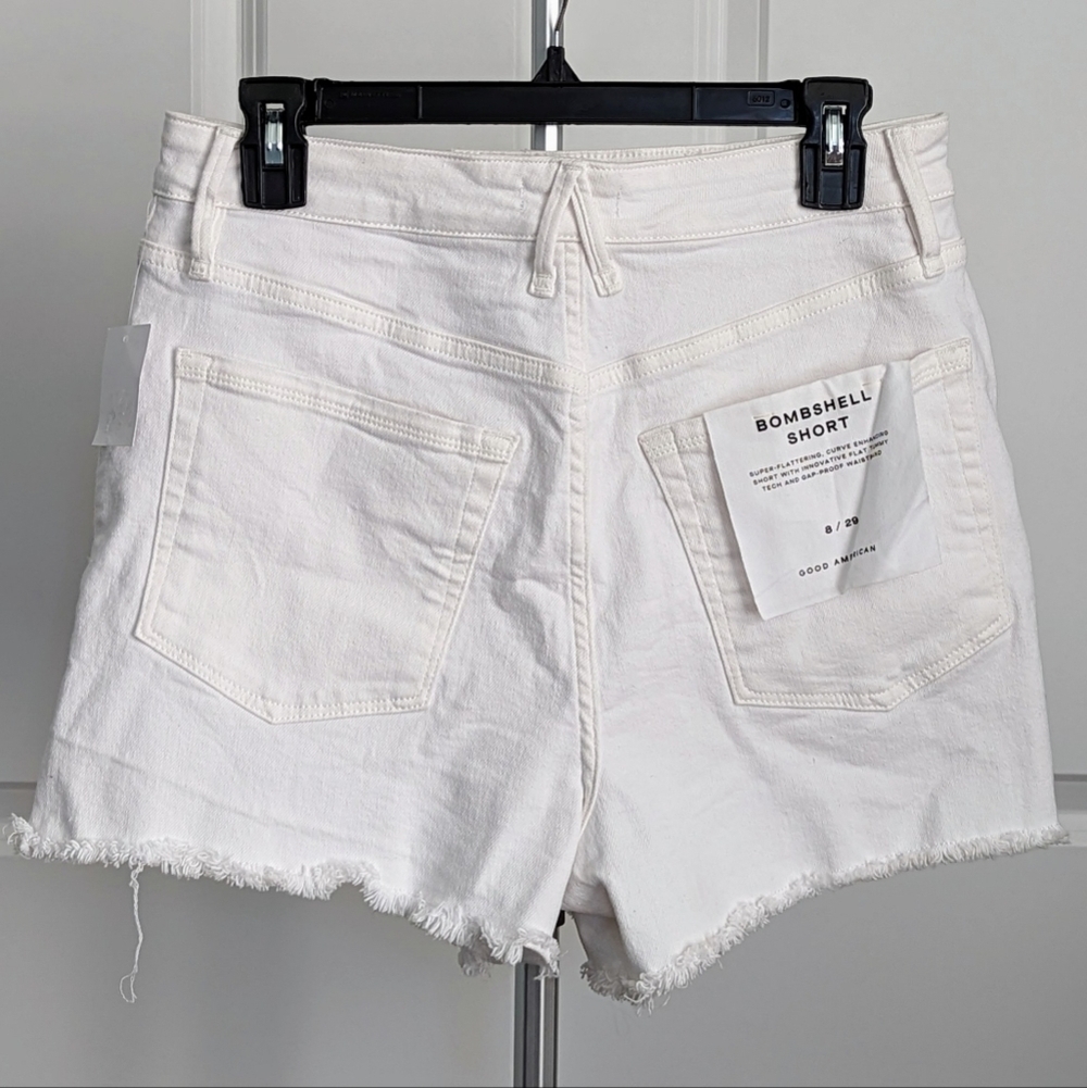 Good American Short Bombshell High Rise Frayed Hems Stretch Denim White 8/29 NWT